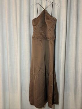 David's Bridal Brown Beaded satin Halter Gown dress size 8 NWOT Y2K